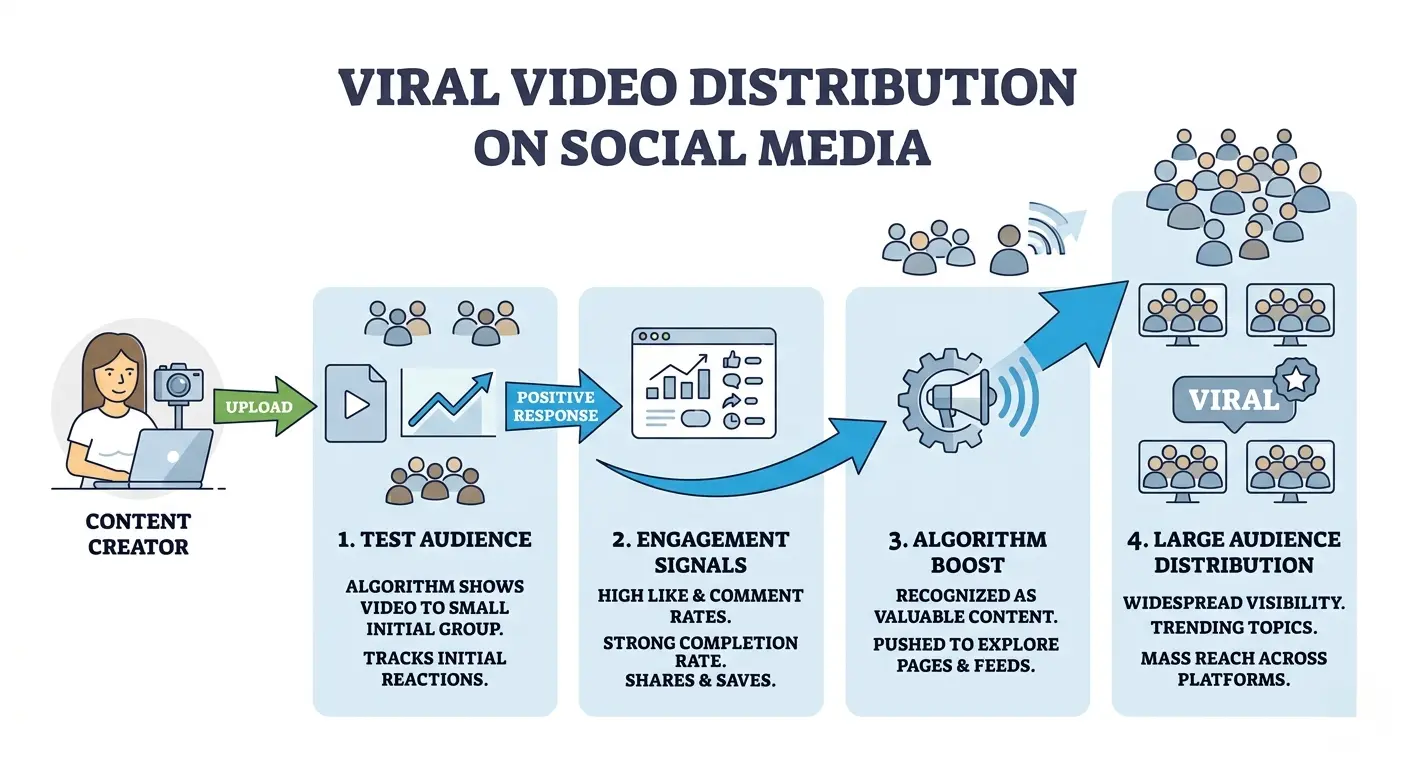 Social media algorithm expanding viral video reach based on engagement signals.